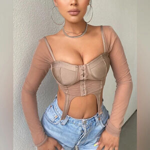 Fashion Nova Don’t Worry About Me Corset Top Nude Long Sleeve Mesh